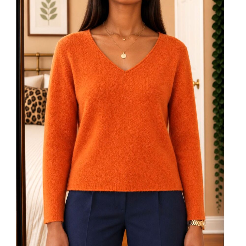 Vintage Jamie Scott Womens M Orange V-Neck Pullover Sweater Long Sleeve Dopamine